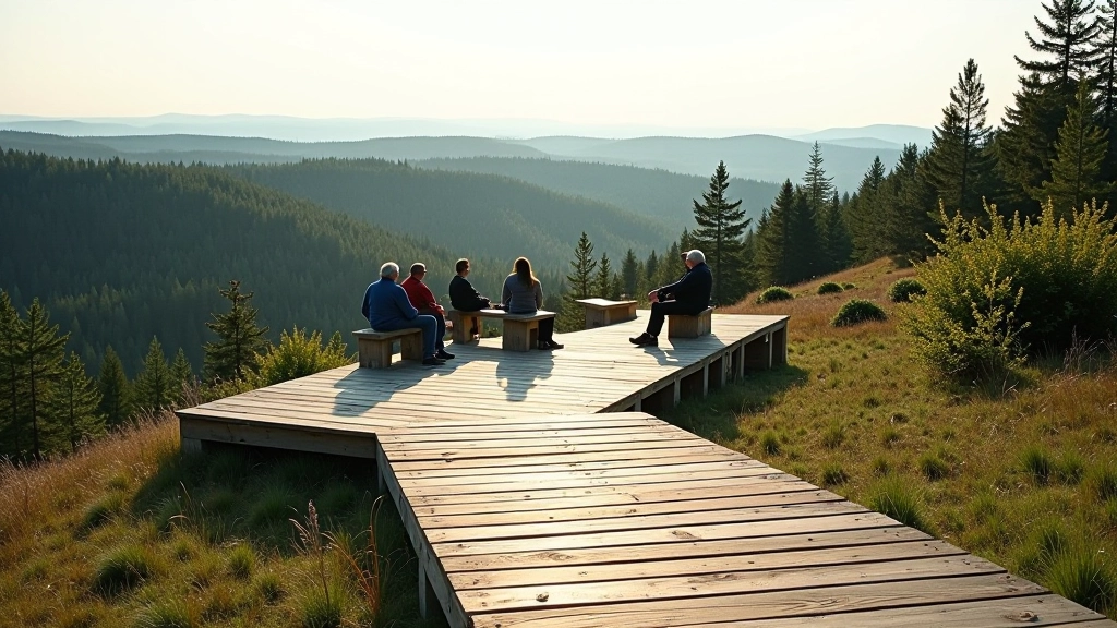Kraatri ääres asuv puust vaateplats, kus mitmed inimesed istuvad ja jäävad vaadet nautima